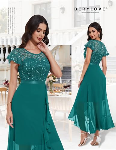 Image of BeryLove Formal Long Dresses for Women Wedding Guest Cocktail Bridesmaid | Airy Lace & Chiffon Evening Gown, Flutter Sleeve, Ideal for Mother of the Bride, Prom, Homecoming Party & Semi-Foraml Events