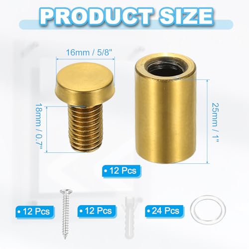 Image of PATIKIL 5 /8 inch x 1.2 inch Standoff Screws, 12 Pack Stainless Steel Wall Mount Sign Standoffs Mounting Hardware Advertising Nail for Hanging Acrylic Picture Frame, Gold
