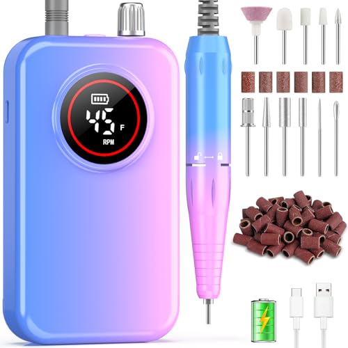 Nail Drill Professional, 45000 RPM Rechargeable Electric Nail File Kit for Acrylic & Gel Nails, Portable Manicure Pedicure Tool for DIY Home or Salon, with 11 Nail Drill Bits & Sanding Band Set