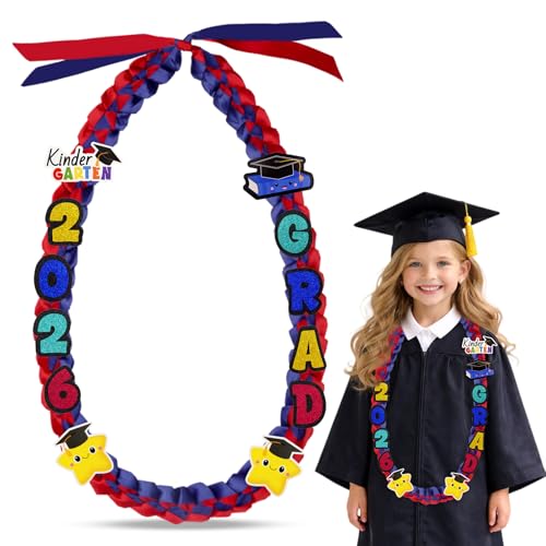 JIZWPOOM Kindergarten Graduation Leis Class of 2026 Blue & Red Double Ribbon Lei with DIY Accessories Preschool Graduation Gifts Necklace Leis for Her Kindergarten Graduate Elementary Boys Girls