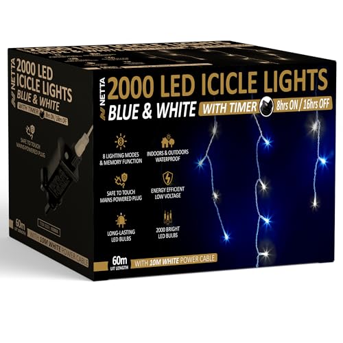 Netta Icicle Lights Outdoor Christmas 2000 LED 60m Lit Length, LED Icicle Fairy House Lights with 8 Hours On Timer, Memory, 8 Lighting Modes, Mains Powered – 2000 LED, Blue & Cool White