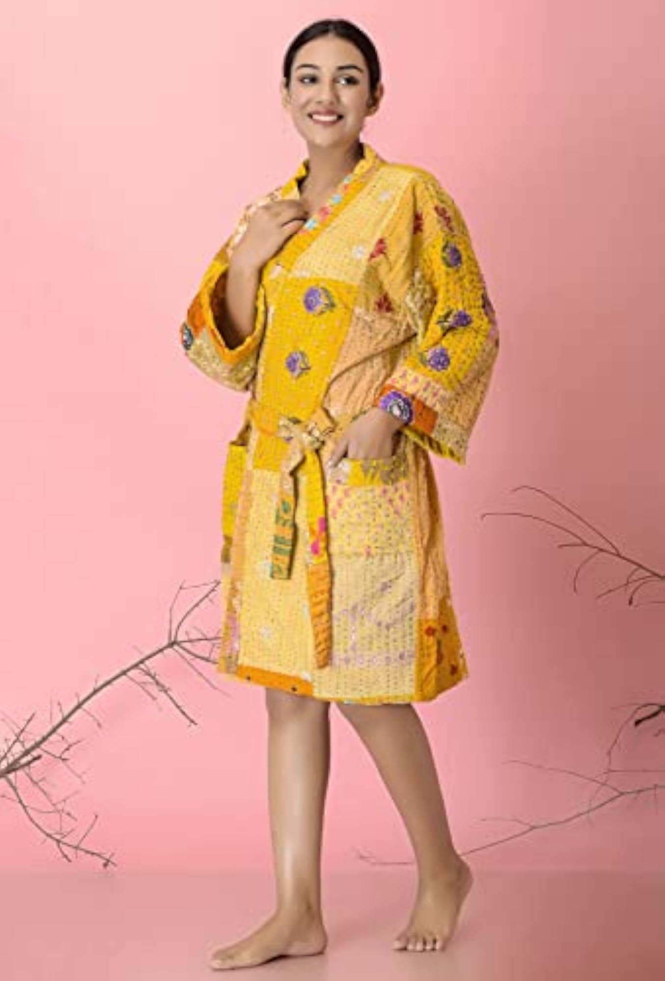 Khambadiya Silk Women's Nightdress, Hand Kantha Patchwork