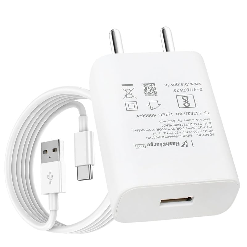 Image of 44W Flash Charger Compatible for vivo t5x,T2,T2x,T3, Lite,V30, Pro,e,V40,X 27,X Fold,U1,IQOO Z1,Z1x,Neo,NEX, S,S1 Pro,Y51A,Y56,Y58,Y72,Y73,Y75 superfast Charge -JJ White