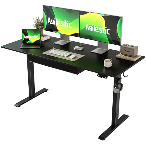 Image of Agilestic Adjustable Height Electric Standing Desk with Storage Wooden Drawer, 55 x 24 Inches Stand Up Home Office Computer Gaming Table with Splice Board for Work Office Home, Black