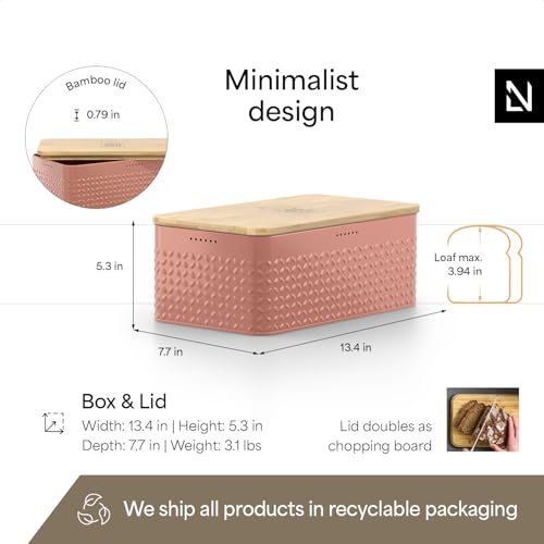 Image of LARS NYSOM Bread Box I Metal Box for long lasting freshness I Bread Bin with bamboo lid usable as cutting board I 13.4x7.7x5.3In (Brick Red)
