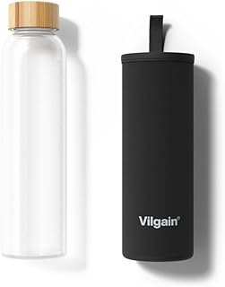 Vilgain Glass Water Bottle (600 ml) Black – Auslaufsichere Glas Trinkflasche Mit Schutzhülle, Borosilikatglas Wasserflasche BPA-Frei, Nachhaltige Sportflasche Mit Bambusdeckel & Sleeve