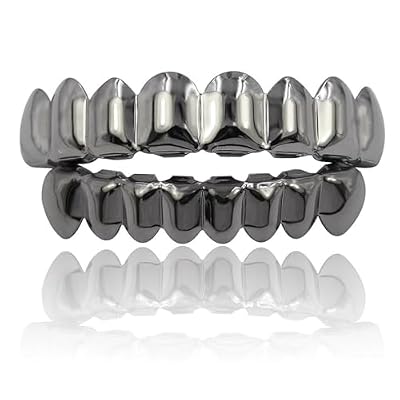 JINAO Black Grillz Teeth 18K Gold Plated Gold Finish 8 Top Teeth 8 Bottom Tooth Grillz Hip Hop Mouth Grills for Men Women (Gun Black Set)