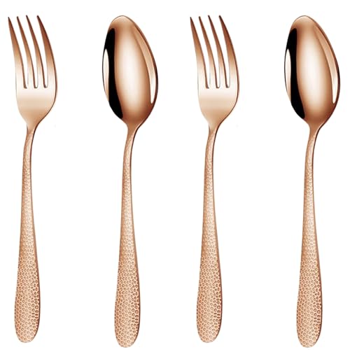 Image of Rosegold Hammered 4-Piece Cutlery Set | 2 Tablespoons & 2 Dinner Forks (8.1 inch) | Durable Stainless Steel Tableware for Home, Restaurants, and Gift Giving