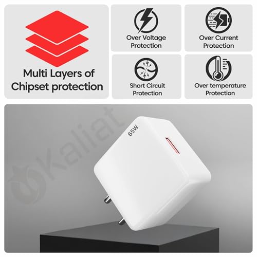 Image of KALIAT 65W Fast Charger with 10A Red USB Type-C Cable | Compatible with One Plus 12 /12R /11 /11R /Nord CE 5G | SuperVOOC VOOC PD Mobile Charging Adaptor | Type C Wall Charger