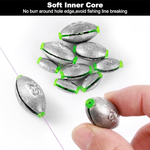 VEPEPE 25 Pcs Egg Shaped Sea Fishing Weights with Plastic Core, Drop Bass Weights Sinker Kit 8 Sizes, Casting Fishing Oval Sinkers,for Carp, River, Saltwater, Freshwater (25, 8 Sizes,Open Egg) (25) - Image 5