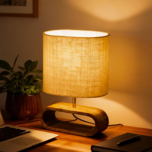 Image of PrettyKrafts Oval Shape Table Lamp (Bulb Not Included) | Natural Color | Size 32x15x40 cm | Wooden Base Decorative Bedside & Living Room Lamp | Modern Home Decor Lighting