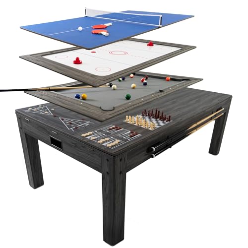 Table Multi Jeux 7 en 1 & Table à Manger Gris Billard Anglais Ping Pong Air Hockey Échecs Backgammon Ensemble Multi Sports Soirée Intérieure Divertissement...