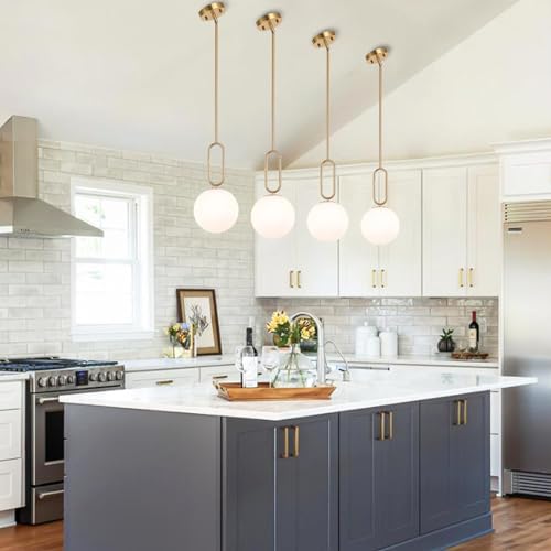 Modern Gold Globe Pendant Light White Globe Glass Shade 2 Pack Brushed Brass Finished Adjustable Rods Hanging Light Fixtures for Kitchen Island Living Room