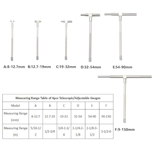 6 Stück 8-150 mm Teleskopmessgerät, Einstellbarer Innendurchmesser Lochmessgerät Vernickelte T-Bohrung Mit Quadratischem Kopf Id Mikrometer-Messwerkzeuge, Für Die Holzbearbeitung, Metallbearbeitung