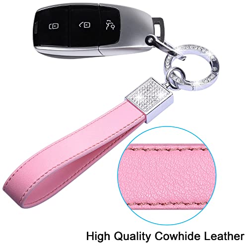 Wisdompro Bling Leather Car Keychain, Universal Genuine Leather Key Fob Keychain Key Chain Holder Accessories With Sparkly Rhinestones, Anti-Lost D-Ring And 2 Key Rings For Men And Women - Pink #TOP2