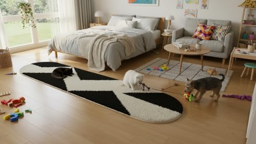 Image of Fluffy Silky Micro Fiber Polyster Carpet /Runner for Bedroom, Study Room, Playing Room, Guest Room ETC. 2x5 Feet, (Black and Ivory Chevron Pattern)