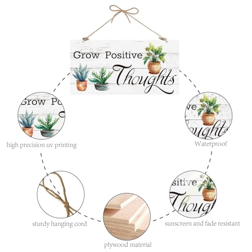 CREATCABIN Wood Sign Grow Positive Thoughts Wall Art Wood Plaque Hanging Sign Succulent Cactus Wall Decor Rustic Potting Walls Signs for Front Door Home Farmhouse Kitchen Housewarming 12x6Inch - Image 3