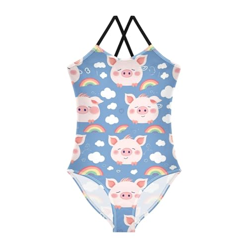 Pig Face Girls One Piece Swimsuits Rainbow Clouds Sport Halter Swimwear Beach Bathing Suit 3T