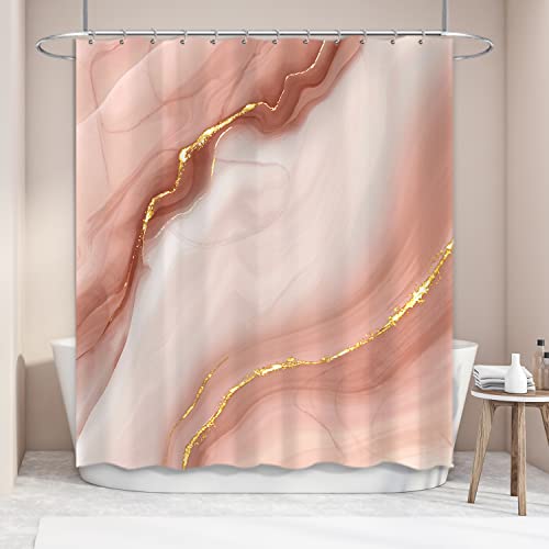 Thinyfull Pink Modern Abstract Shower Curtain Marble Luxury Gradient Gold Shower Curtain For Bathroom Decor Art Ombre Watercolor Paint Texture, Waterproof Washable Fabric Bath Curtain #TOP1