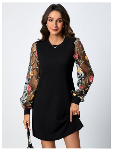 MakeMeChic Women's Fall Long Sleeve Floral Sheer Dress Wedding Guest Mesh Crew Neck Lace Black Mini Dresses4