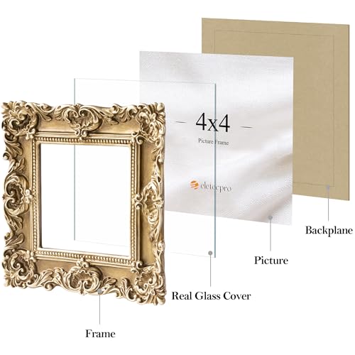 Image of eletecpro 4x4 Vintage Picture Frame with Real Glass Cover, Ornate Antique Photo Frame, Display 4x4 Picture for Tabletop or Wall Hanging, Gold Home Decor for Gallery Art