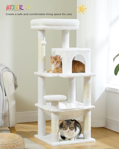 Image of MUTTROS White Cat Tree for Indoor Cats, 45.7 inch Multi-Level Cat Tower with Large Metal Frame Hammock, Cat Condo with 4 Scratching Posts and Top Perch, White