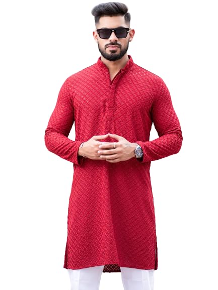 Image of Men's Floral Embroidered Cotton Rich Traditional and Lakhnavi Ethnic Wear Straight Partywear Kurta Set Pack Of 01.