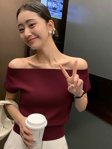 Image of WDIRARA Women's Off The Shoulder Tops Casual Short Sleeve Tunic T Shirts Lightweight Knit Sweaters