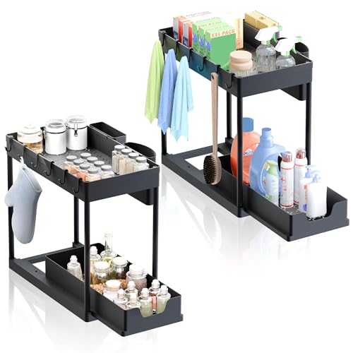Tropamig - Pack de 2uds Mueble fregadero con 2 Niveles - Organizador Bajo Fregadero Cocina Lavabo. Organizador Debajo Fregadero Estante Extraíble, 16 Ganchos, 2 Cestas y REGALO 2 Colgadores Adhesivos