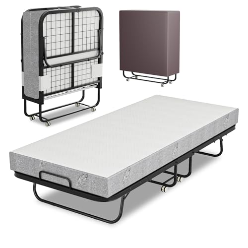 Eulenke Cama Plegable 90 x 200 cm Para Adultos, Con Colchón 13 cm Grosor, Metal y Ruedas, Soporta 150 kg, Para Dormitorio, Salón