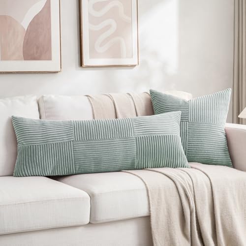 Image of Fancy Homi Set of 2 Grey Blue Boho Long Lumbar Body Decorative Throw Pillow Cover 14x36 Inch for Bed Couch Bedroom Bench, Soft Patchwork Corduroy Textured Pillow Case, Rustic Farmhouse Room Decor