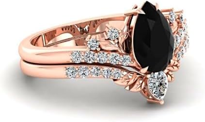 Black Gold Pear Shaped Engagement Ring Set Women, Leaf Shaped Nature Inspired Gothic Black Metal Ring, Wedding Bridal Rings