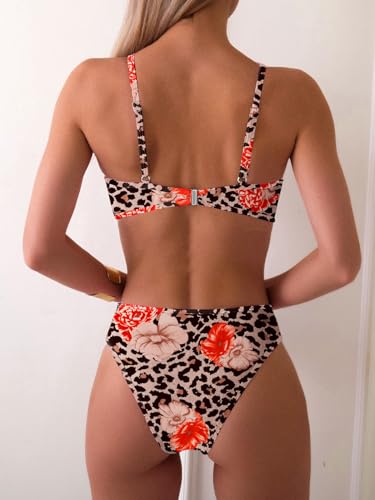 Image of Fanuerg Women's Triangle Bikini Sets O Ring Linked Two Piece Swimsuits Floral Printed Cheeky Bathing Suit
