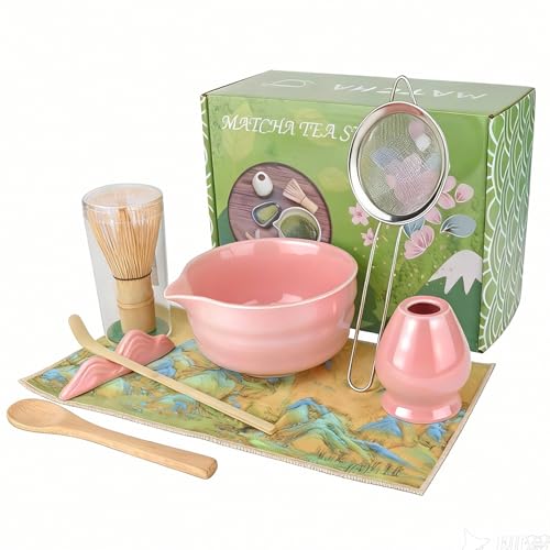 8PCS Matcha Whisk Set, Ceramic Matcha Set Includes Matcha Bowl, Bamboo Whisk& Holder, Scoop, Scoop Rest, Spoon, Sifter and Tea Towel, Matcha Kit Covers All Needed for Making Matcha (Pink)