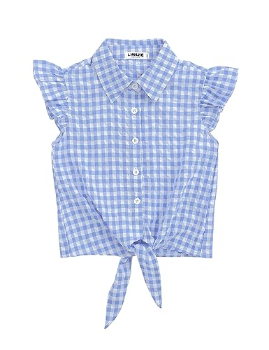 Lista de Blusas de Moda para Niña los más recomendados. 41 LIONJIE - Camisa sin mangas a cuadros para niñas, blusa corta de verano con nudo de lazo y manga con volantes, Azul, 5-6 Años