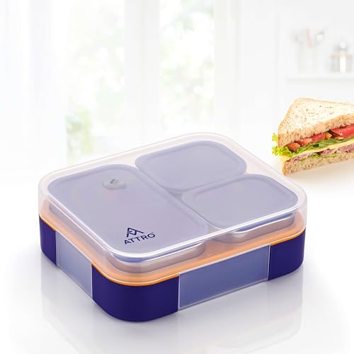 Image of ATTRO Admire 3 Compartment Stainless Steel Lunch Box Inner Steel BPA Free, Durable & Lightweight, Easy to Carry, Compact Design Ideal for School, Office, College & Travel- Purple Bloom- 800ml