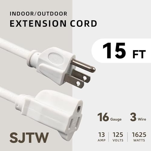 Image of 15ft Outdoor Extension Cord - 16 /3 Heavy Duty SJTW Waterproof White Electrical Cable with 3 Prong Grounded Plug for Safety, Great for Lawn and Major Appliances