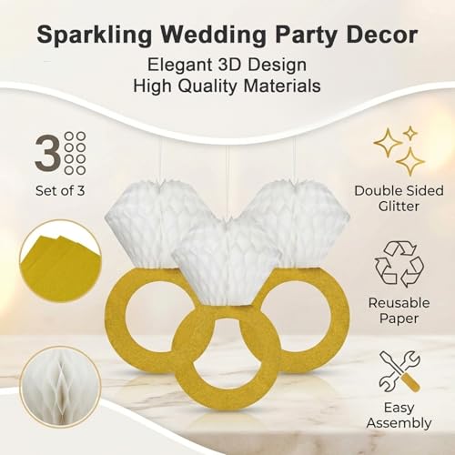 Image of HASTHIP Glitter Gold Diamond Ring Honeycomb Ball, 3 Pack Paper Engagement Decoration, Hanging Ornament for Wedding Bridal Shower Sangeet Haldi Photo Booth Props Diamond Ring Honeycomb Decor
