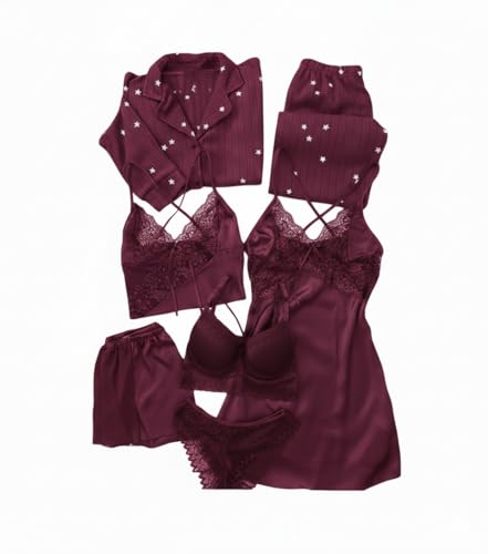 Image of Valentine's Day Fancy Night Suit Bath Robe Dress & Bra Penty Set Combo for Women's Pack of 7 Pcs Nightwear Lingerie Silk Wedding Set Gifts Lace Nightsuit Set (Free Size) Dark Pink