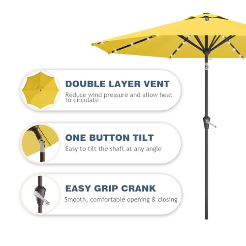 Image of 9FT Patio Umbrella with Solar Lights,Outdoor Market Umbrella with Tilt and Crank, LED Lighted Table Umbrella for Garden,Deck,Backyard,Pool,Beach (Yellow)