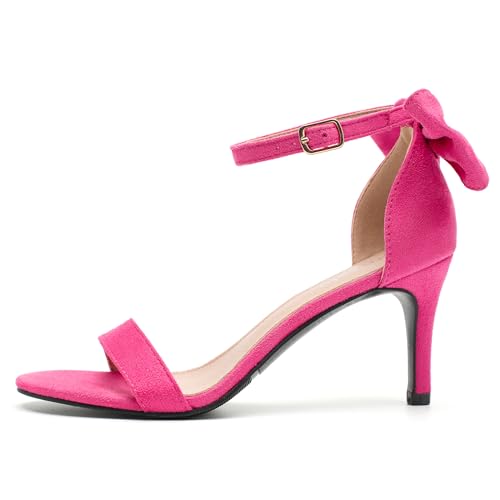 Peijely Women's Bow Knot Ankle Strap Heeled Sandals, Round Open Toe, Mid Kitten Heels, Bride Wedding Party Dress Shoes Hot Pink 37 - US 6.5 by Peijely - Used condition - Image 6