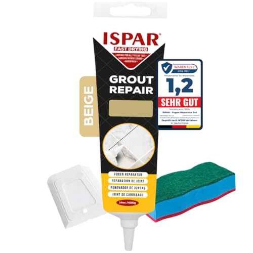 ISPAR Ispar Kit de reparación de juntas para juntas de azulejos con espátula y esponja, mortero de azulejos, masilla para renovar las juntas (Beige)