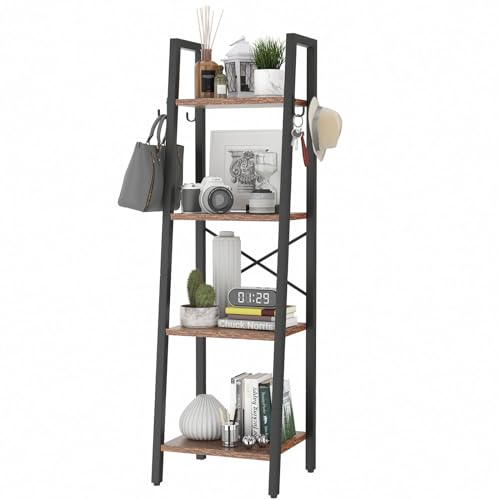 Miniatura 5 de Ymyny 125cm Librería, Estantería De Escalera Con 4 Ganchos, Estantería De 4 Niveles, Para Salón Dormitorio Cocina Oficina En Casa, Estilo Industrial, Marco De Metálica, Marrón Rústico Hbc024h