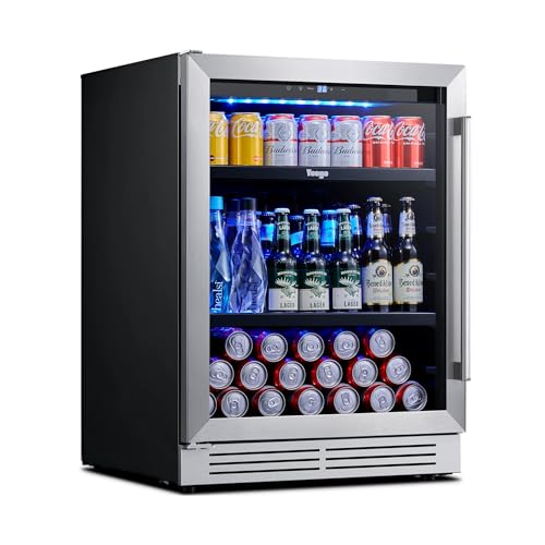 Yeego Beverage-Refrigerator, 24 Inch Beer Cooler Built-in or Freestanding,180 Cans Beverage Cooler with Glass Door，Mini-Fridge for Bottles and Cans Beer/Soda/Water/Wine(Left-Hinged)