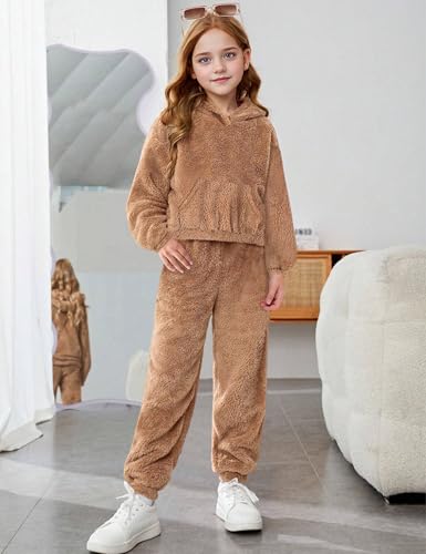 Image of Shallmu Girls Fuzzy Bear Ear Plaid Hoodie Pullover Sweatshirt with Pocket Sweatpants Fall Winter 2 Piece Outfits