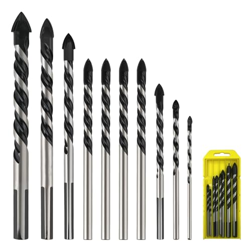 10 PCS Masonry Drill Bits Set (3mm-12mm) - Carbide Drill Bits for Concrete Brick Tile Glass Plastic & Metal | Includes 3mm4mm6mm*4 8mm 10mm 12mm Masonry Drill Bit & Tile Drill Bit Set