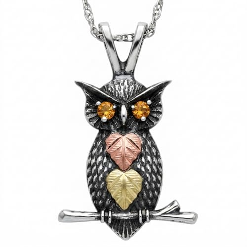 Black Hills Gold Jewelry Antiqued 925 Sterling Silver Citrine Owl Pendant Necklace for Women, 12k Green and Rose Gold 18 Inches Chain