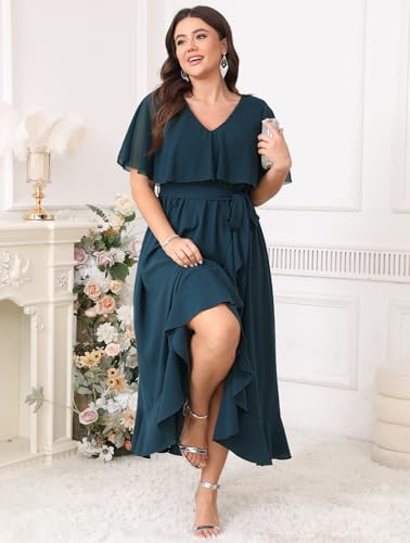 Image of Women Plus Size Long Formal Dress Short Sleeve Chiffon Ruffle V Neck High Low Split Wedding Guest Maxi Dresses