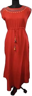 Women's Embroidered Maxi Dress, Red, Cap Sleeve, Drawstring Waist, Ethnic Style Price In India