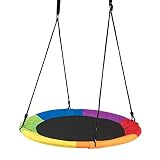 DREAMADE Balançoire Nid d’Oiseau Ronde en Tissu Oxford,Balançoire à Suspendre Enfants avec Hauteur Réglable 100-180CM,Siège Suspendu Charge 150KG pour Jardin,Caming,Balcon (Coloré, Renforcée)